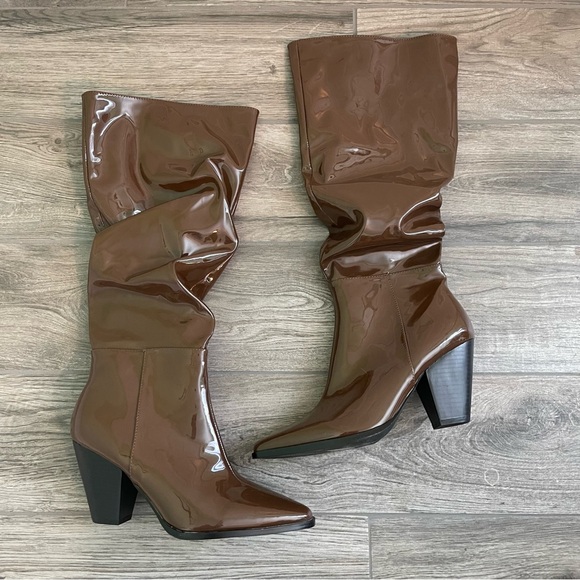 Nasty Gal Faux Patent Leather Tall Brown Boots 3.5" heels women’s size 8 EUC - Picture 8 of 11